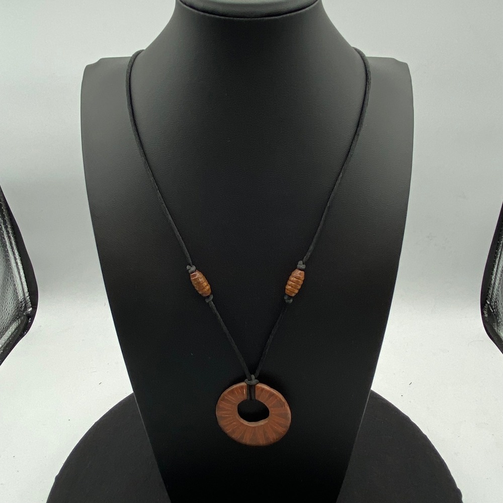 Sunburst Ring Pendant 28" Cord Necklace Brown Resin Earthy Boho Hippie Nature